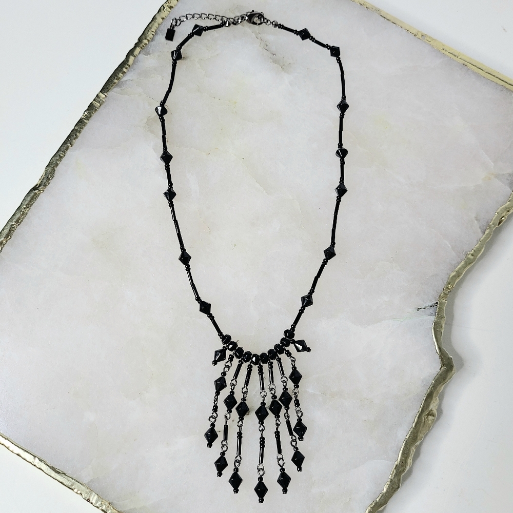 Black Beaded Dark Fairy Whimsigoth Dangle Necklace